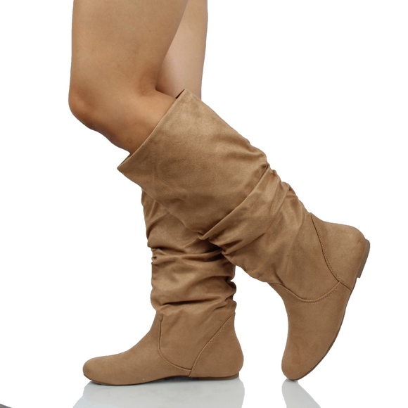 Shoes - Natural Faux Suede Slouchy Knee High Flat Boot